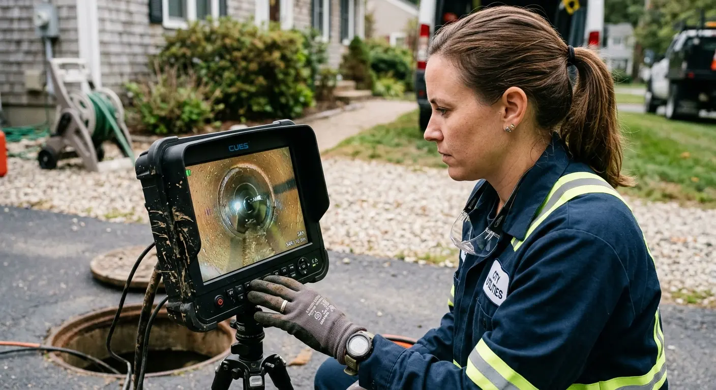 Technician reviewing sewer camera inspection footage in The Village