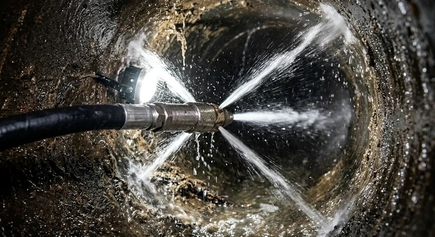 High-pressure hydro jetting nozzle cleaning sewer pipe for Storm Drain Cleaning in The Village